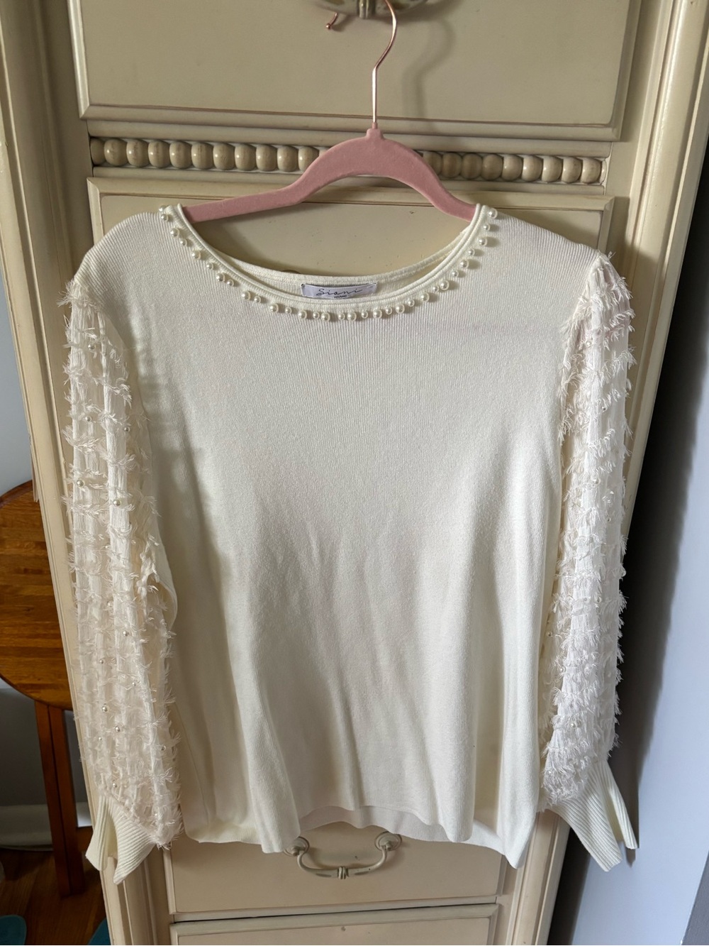 Sioni Cream Pearl-Trim Fringe-Sleeve Sweater